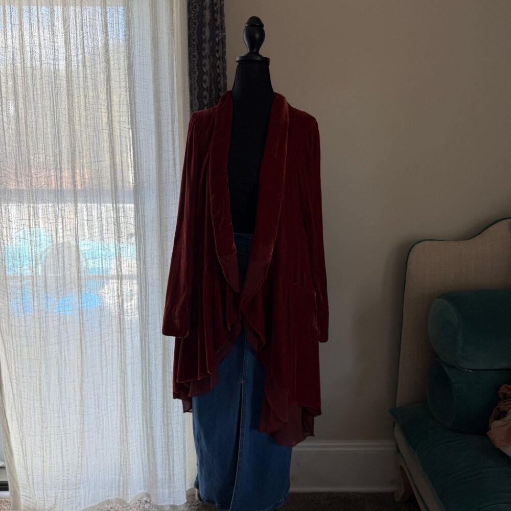 Rare Free People Crushed Velvet Rust Red Swing Coat Duster Jacket Open Front S - Picture 5 of 8